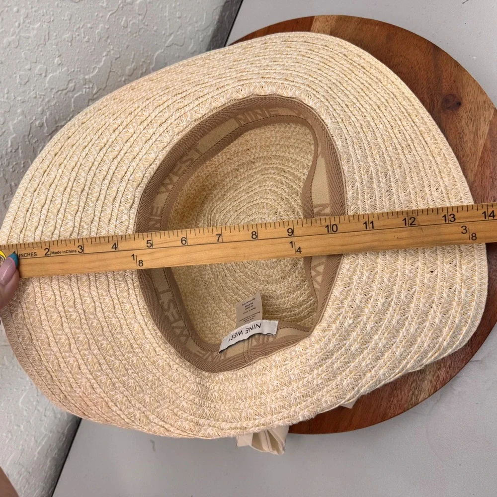 Nine West Womens Straw Sun Hat Cream Wide Brim Floppy Bow Accent RN 67508
